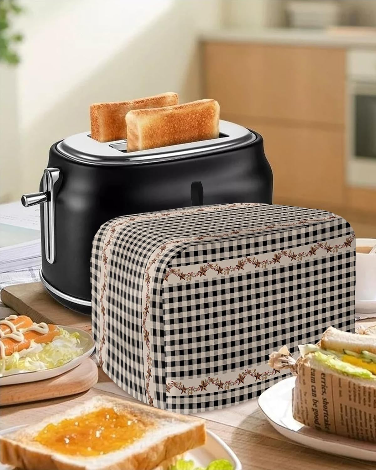 Country Star Berry Black Buffalo Plaid Toaster Dust Cover, Soft Washable 2 Slice, Pockets for Small Appliance Protection