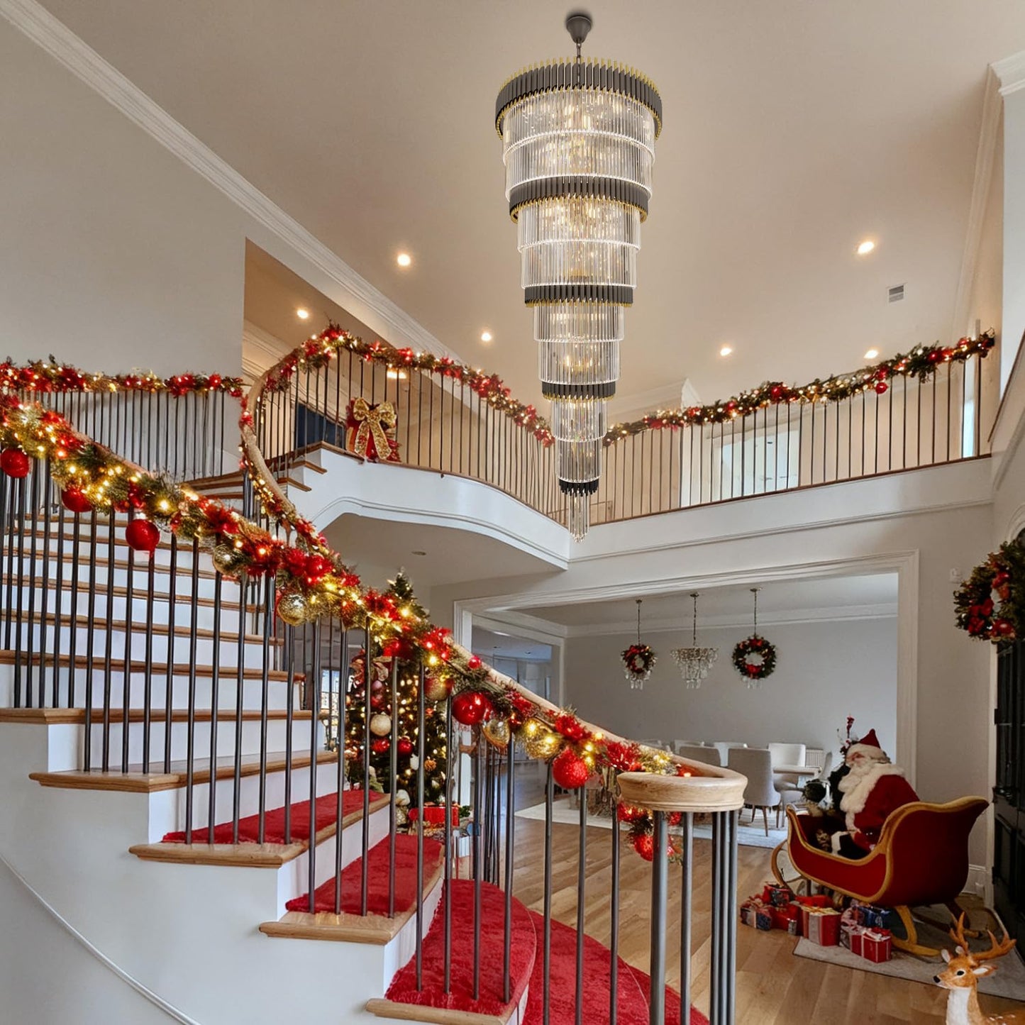 WOSOHYUN Extra Large Staircase Chandeliers 9-Tier Black and Gold Chandelier Luxury Long Crystal Chandelier Lighting for High Ceiling Foyer Entryway Grand Hotel Lobby 31-Light H84 x W40