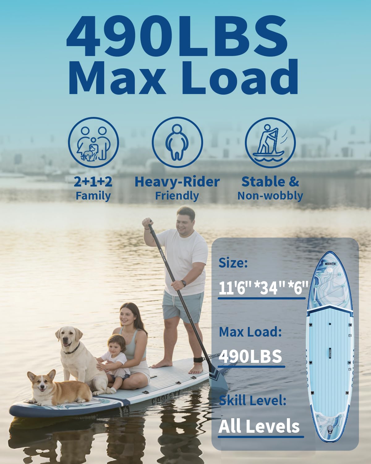 COOLCAA Mermaid 11'6" Inflatable Stand-Up Paddle Board, 490Lbs Capacity SUP Board with 34'' Extra Wide, Fishing Paddleboard with Accessories & Bag for Adults Youth (Ocean Stream)