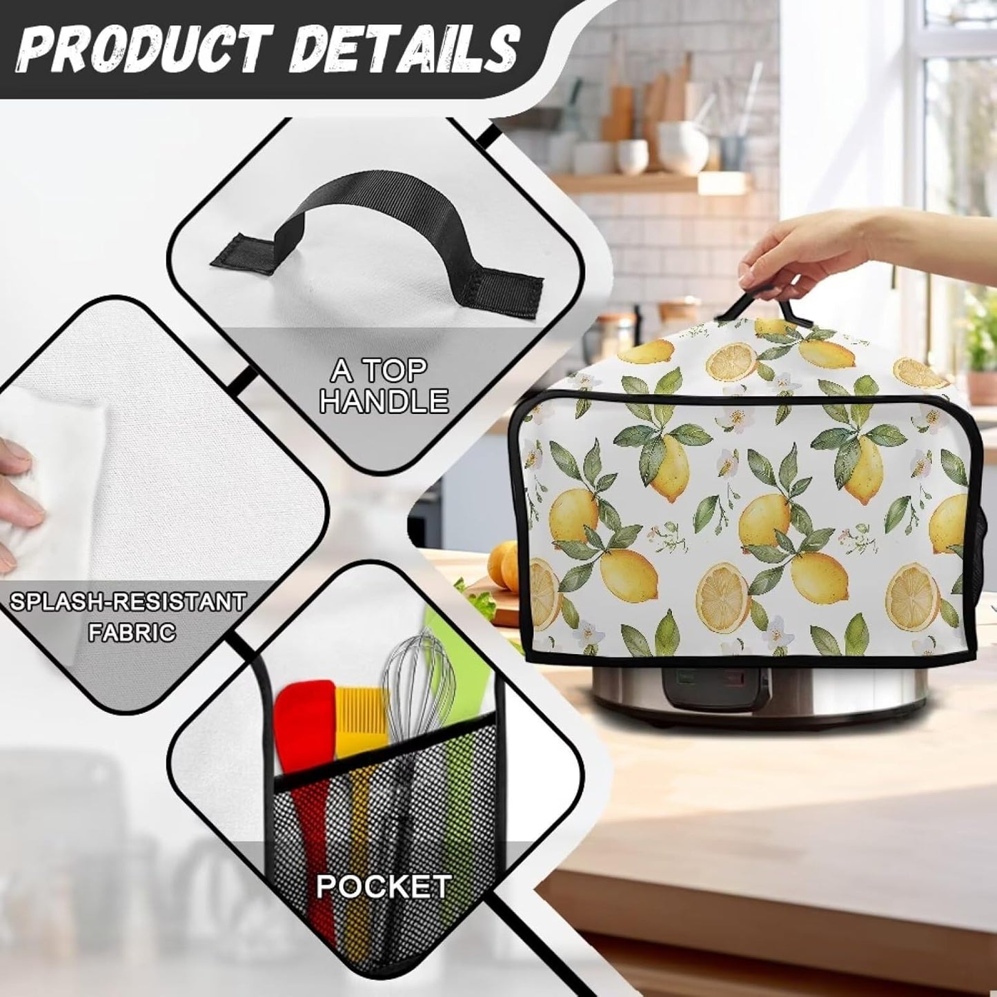Crock for Pot Cover 6-8 qt, Yellow Lemon Slow Cooker Dust Cover with Pocket for Accessories