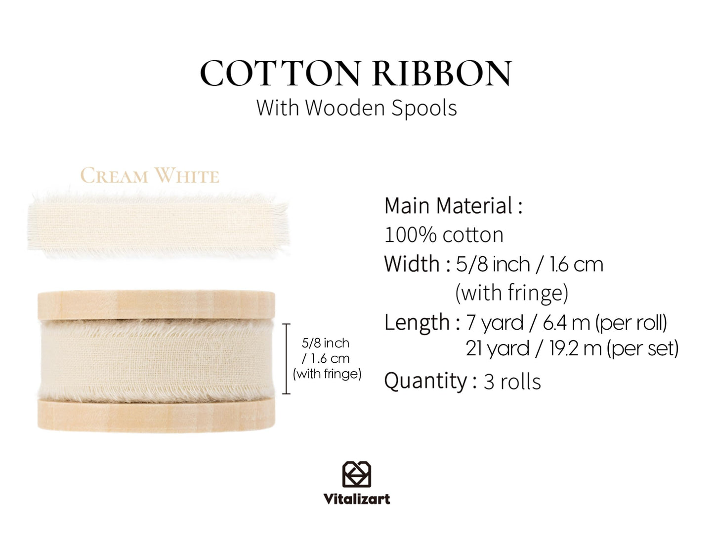 Vitalizart White Cotton Ribbon Handmade Fringe 5/8" x 21 Yd Cream Pure Natural Cotton Ribbons for Gift Wrapping Wedding Invites Bridal Shower Bouquets Holiday Decor