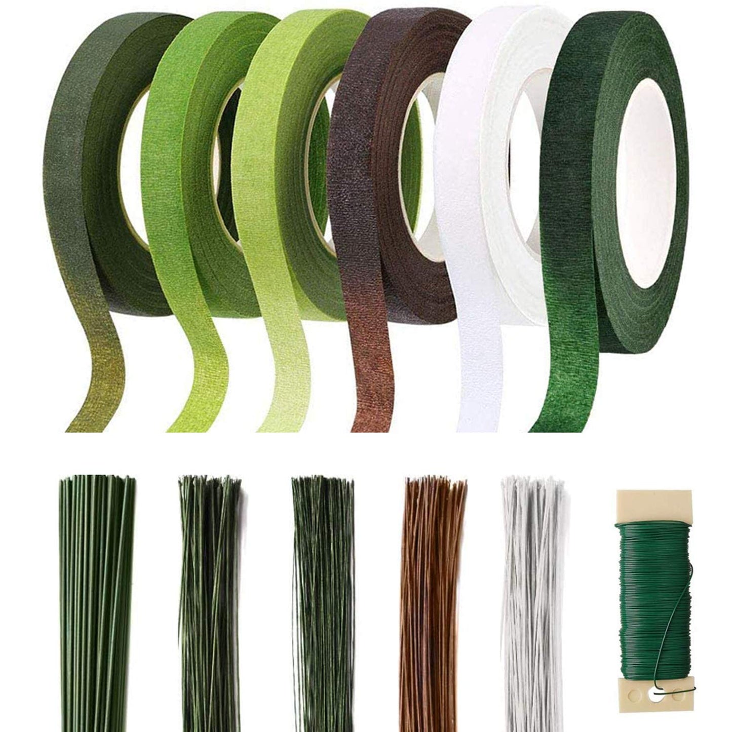 Floral Tape and Floral Wire Arrangement Tools Kit with 6 Rolls 1/2" Wide Floral, 18/22/26 Gauge Stem Wire and 22 Gauge Paddle Wire for Bouquet Stem Wrap Florist
