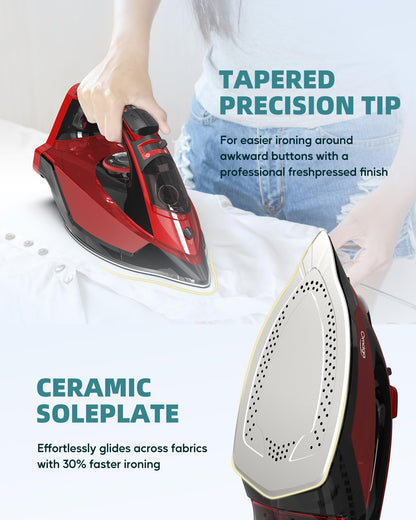 OMAIGA Cordless Iron for Clothes, 1500W Wireless Steam Iron with Ceramic Soleplate, 360 Degree Power Base, Auto Shut Off, Self-Clean, Anti-Calc, 3 Temperature Settings, 11.84oz Water Tank, Red