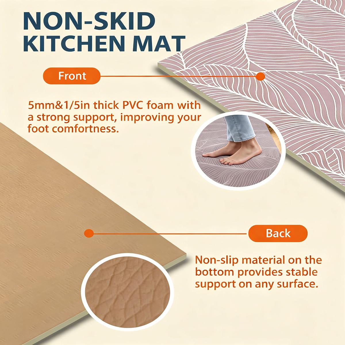 CHKYUZEN PVC Foam Anti Fatigue Printed Kitchen Mat and Rug, Foot Comfort, Anti Slip, Stain Release, Set of 2pcs (17"x30" & 17" x47), (2pc Set, Leaf Design)