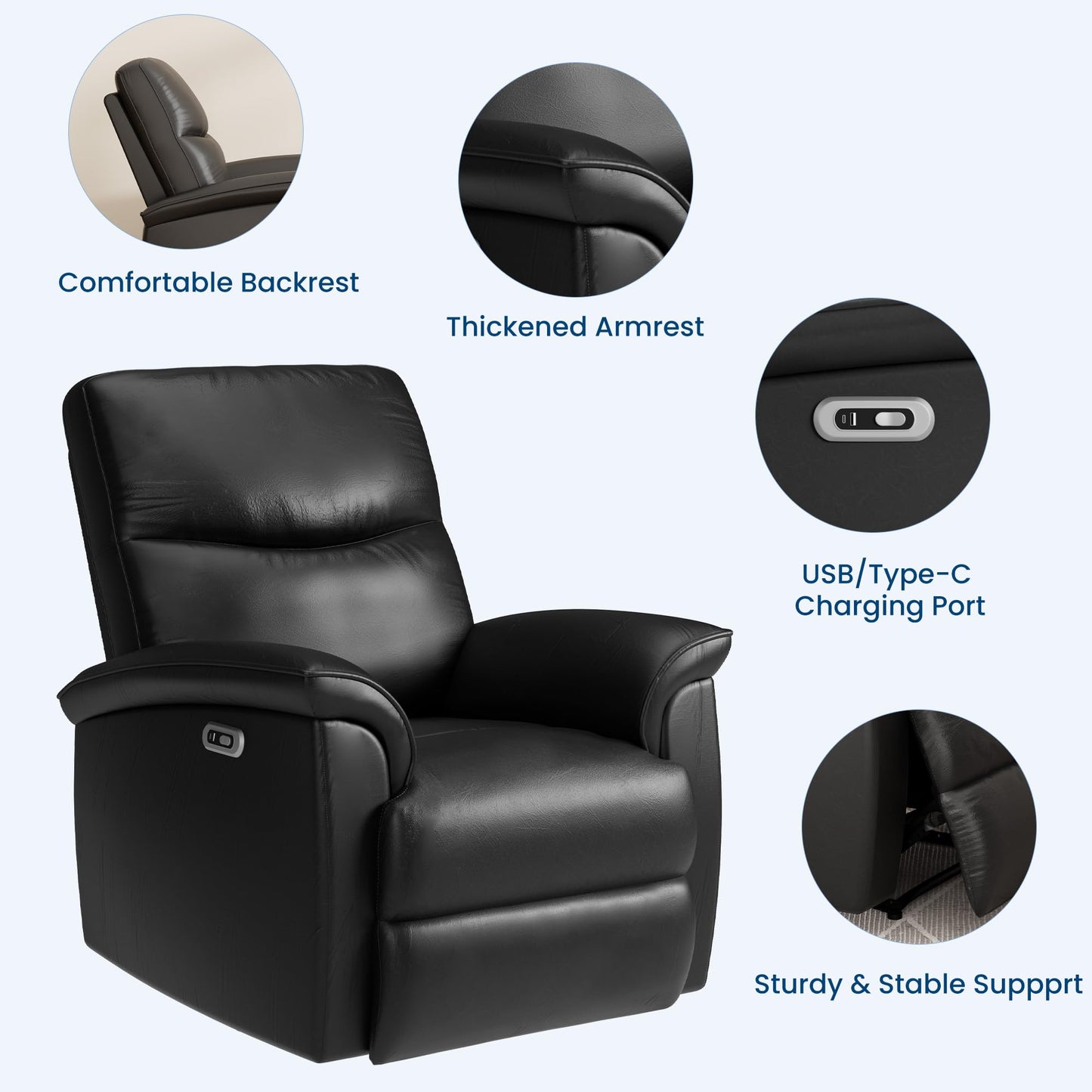Garvee Power Swivel Recliner Chair, PU Leather Electric Reclining Armchair with Free Position, 270 Degree Swivel, 38.6 in Wide Seat, 350 Lb Capacity, Single Sofa for Living Room Bedroom,Black