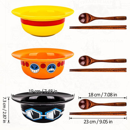 Clakioom 3 Piece Anime Ramen Bowl, Ramen Bowl Set,Straw Hat Design Japanese Ramen Ceramic Bowl Set of 9 with Chopsticks and Spoon