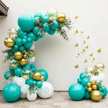 Teal Balloon Garland Kit with Gold Butterflies, Turquoise, Blue, Green, White & Gold Balloons for Party Decor