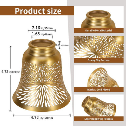 Ceiling Fan Replacement Globes, 4 Pack Chrysanthemum Pattern Fixture Replacement Globes Shades with 1-5/8" Fitter, ALUCSET 4.5" Height 4-3/4" Diameter, Metal Cover for Pendant Lamp-Yellow Brass&Gold