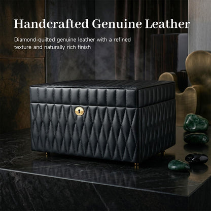 Homruilink Genuine Leather Jewelry Box - 3 Layer Large Jewelry Organizer with Mirror, Lockable Jewelry Box for Women - Necklace, Ring, Earring Organizer with Drawer - Ideal Gift (Black)