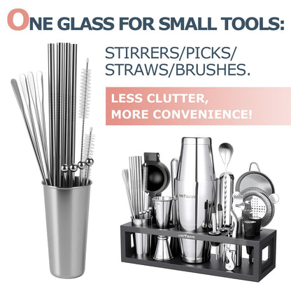 HMYBAR® Bartender Kit with Black Bamboo Stand, 31-Piece Cocktail Shaker Set, 20/28 oz Boston Shaker Set for Home Bar, Mixology Bar Tool Set with 39 Recipe Cards