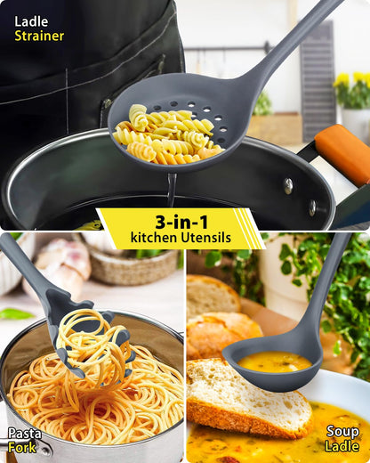 3 Pcs Silicone Kitchen Utensils Set, Soup Ladle-Pasta Fork-Slottede Spoon, Nonstick BPA Free High Heat Resistant Cooking Utensils for Mixing, Serving, Draining, Turning, Stirring