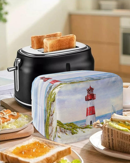 Coastal Lighthouse Toaster Cover, 4 Slice Large Kitchen Appliance, Watercolor Blue Sky Nautical Dust Cover with Loop