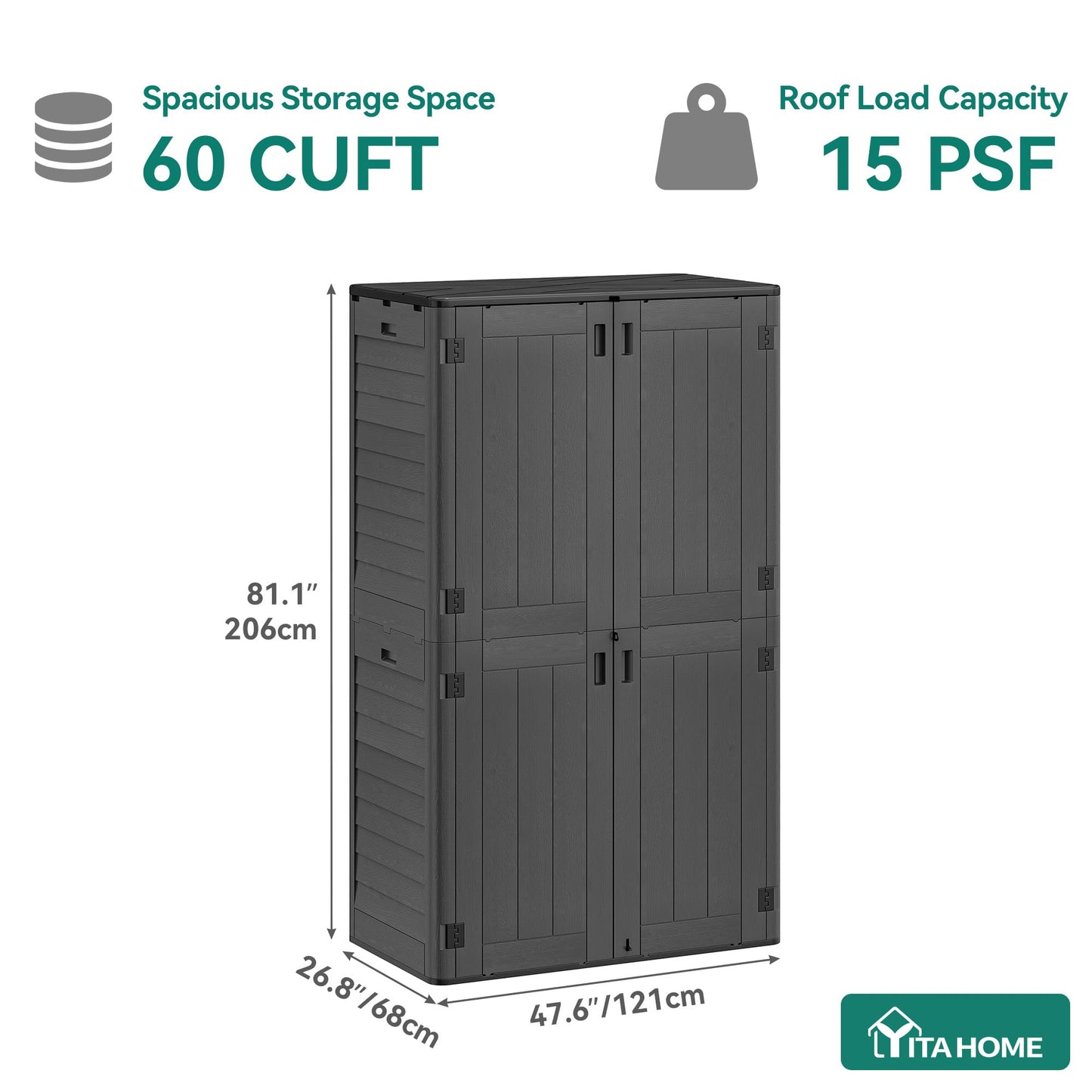 YITAHOME 60 cuft Vertical Outdoor Storage Shed with Shelf, Large Waterproof Storage Cabinet for Garden Shed, Tall Outdoor Storage Shed for Garage, Pool Storage, Resin, Lockable, Dark Gray