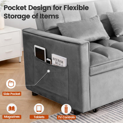 Trygoal 3 in 1 Convertible Sofa Bed, Love Seat Sleeper Bed with Side Pockets, Velvet Fabric Pull Out Couch with Adjustable Backrest for Living Room, Bedroom, Gray Apartment, Gray