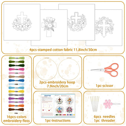 BEUNITONE Cross and Flowers Embroidery Kit for Beginners, DIY Stamped Needlepoint Craft with 4 Easy Patterns, Complete Starter Set for Relaxing Mindfulness Art and Creative Gift for Adults