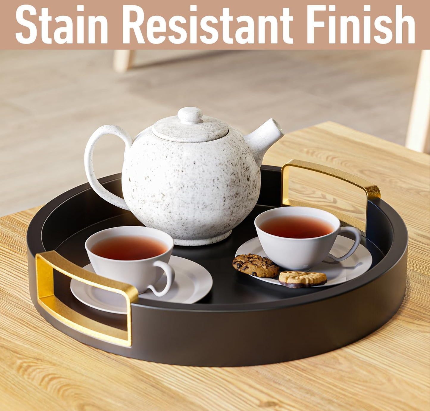 12 Inch Round Decorative Tray - Round Black Tray with Gold Metal Handles - Stain Resistant Serving Trays for Decor