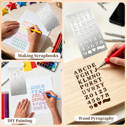 Eageus 8 Pcs Metal Letter Stencils Wood Burning Stencil Lettering Stencils, Small Reusable Alphabet Painting Template for Carving Drawing Engraving Journal Pyrography Craft(Letter Style)