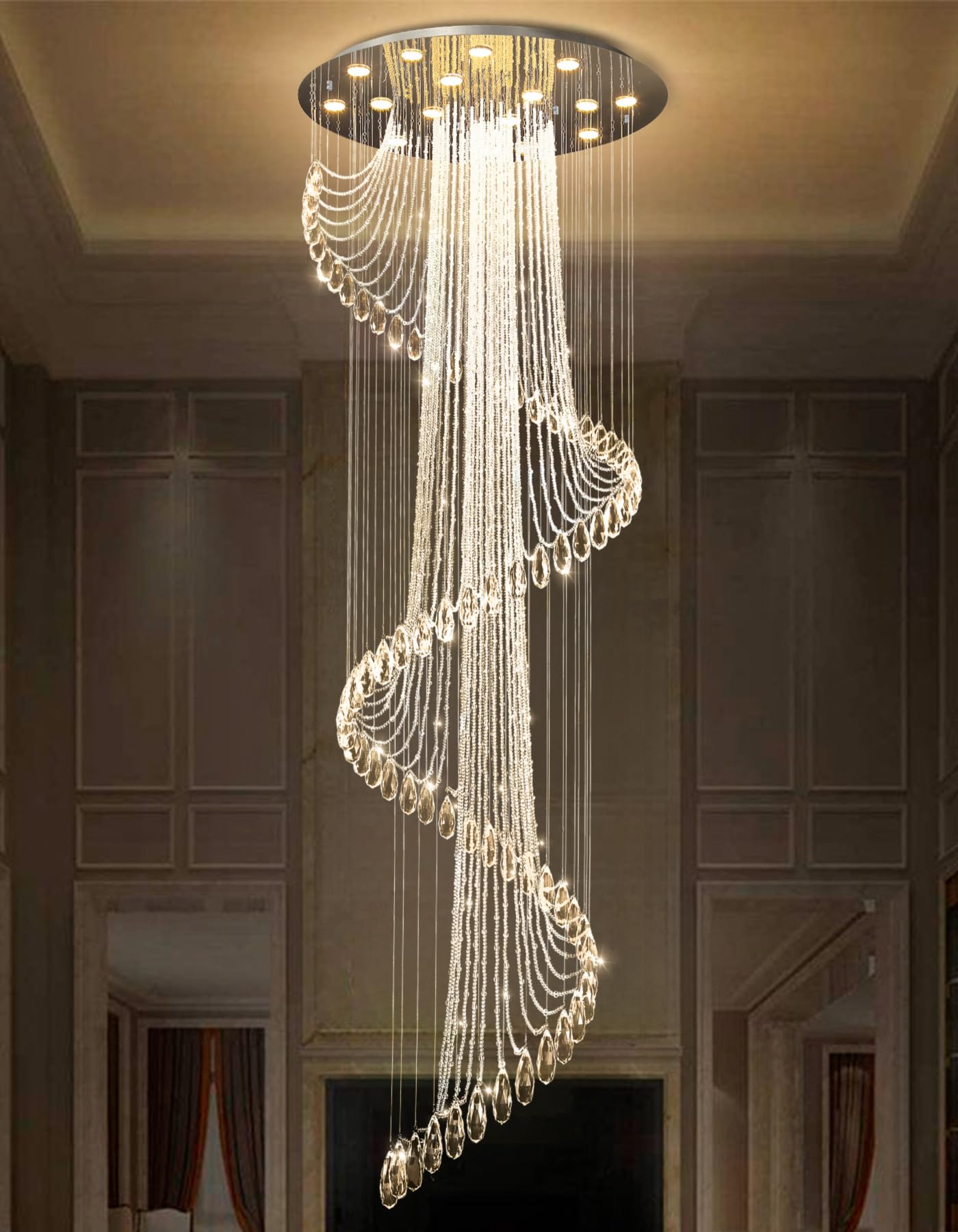 D40'' x H120'' Modern Crystal Chandelier for Foyer Glam Chandelier High Ceiling Chandeliers Large Raindrop Pendant Lights LED Dimmable Light Fixtures for Staircaes Living Room Entryway Silver