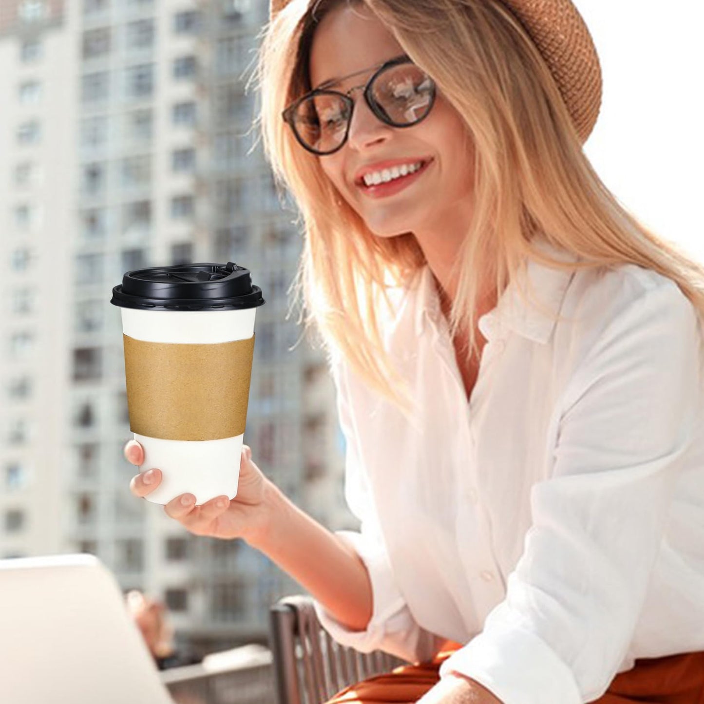 Lamosi 50 Pack 12 oz Disposable Coffee Cups with Lids and Sleeves, Leak-Proof To Go Coffee Cups with Lids, Hot/Cold Beverage White Drinking Cup for Home, Office, Parties, Travel
