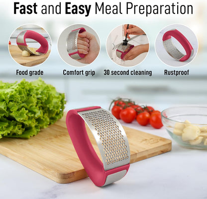 Angel's Peel Lounge Stainless Steel Garlic Press Rocker Set with Silicone Garlic Peeler & Cleaning Brush – Garlic Chopper, Mincer, Grater, Crusher – Easy for Crushed Cloves – Rust-Resistant, Red