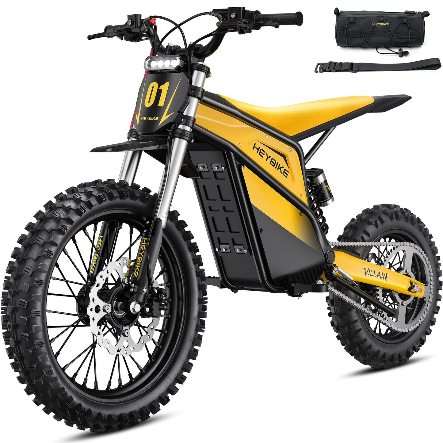 Heybike Villain Electric Dirt Bike, 4160W E Dirt Bike with 52V 26AH Battery, 14"/12" Fat Tire Electric Motorcycle for Teens, Max 45MPH Ebike with Reversing Function(with Crossbody Bag; Yellow&Black)