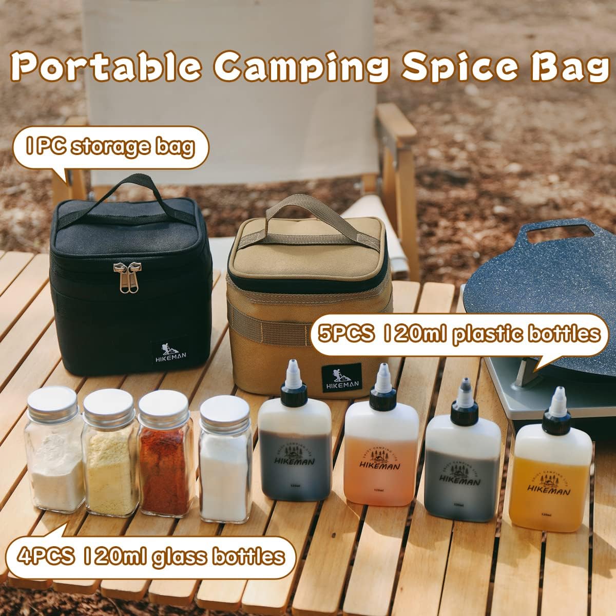 HIKEMAN Portable Camping Spice Set with 9 Spice Containers, Pepper & Salt Shakers, Separable Storage Bag for BBQ, Picnic
