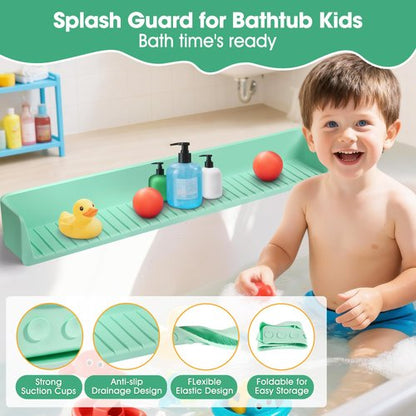 Longer Splash Guard for Bathtub Kids, 2.6 Ft Silicone Bathtub Splash Guard for Tub Kids with 11 Strong Suction Cups, Play Shelf & Toy Holder Tray to Prevent Mess and Water Overflow from the Tub