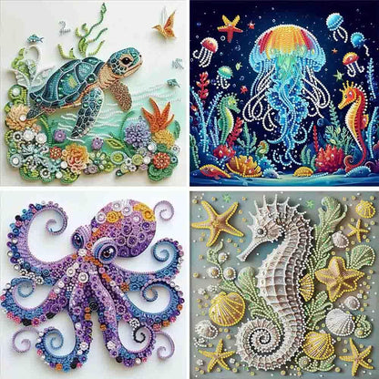 4 pack Marine Animals Special Shape Diamond Painting Kits for Beginner,Crystal Rhinestones Diamond Dots Diamond Art Accessories DIY Diamond Art Kits for Adults for Beginner for Home Wall Decor