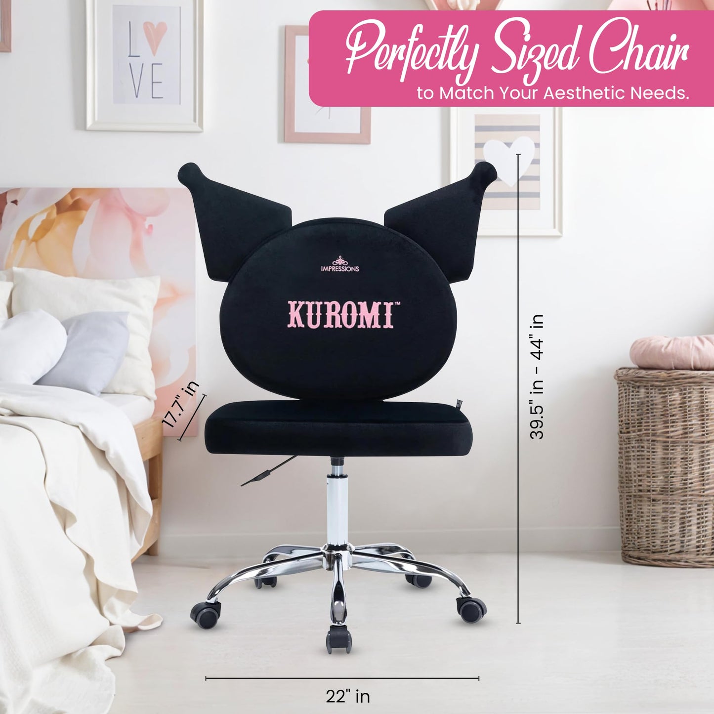 Impressions Vanity Kuromi Swivel Vanity Chair with Wheels | Adjustable Height Silver Metallic Base 360-Degree Spin Armless Padded Cute Velvet Makeup Vanity Chair | Cute Desk Chair for Bedroom, Black