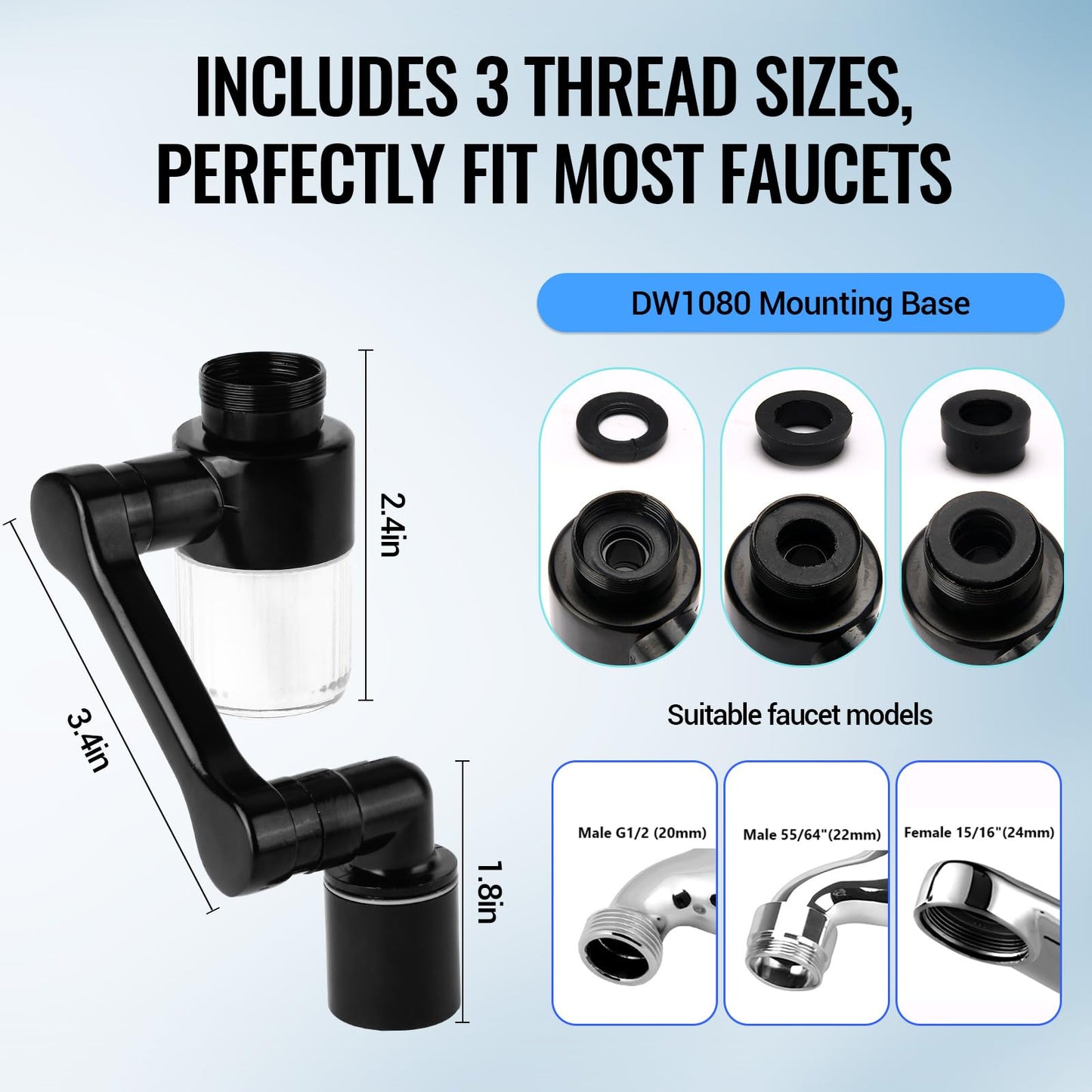 1080°Swivel Faucet Extender, Sink Water Faucet Aerator Extension, kitchen sink faucet, Kitchen Rotating Extension with 2 Mode Splash (Black, Extender with filter)