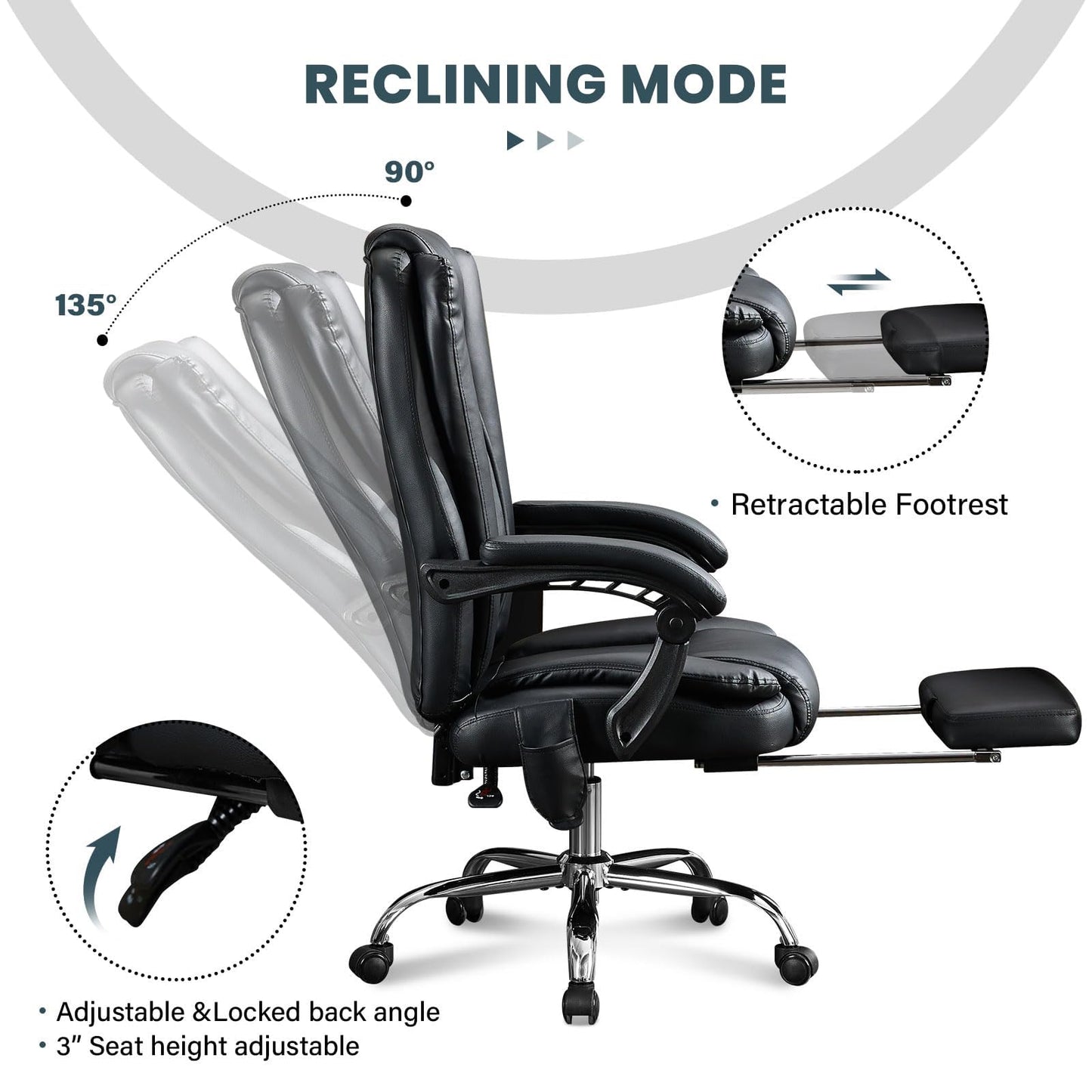 Thctvous Luxury Leather Executive Office Chair with Foot Rest, Reclining Massage Office Chair with Heat/Adjustable Backrest/Rolling Wheels/Soft Cushion, Heavy Duty, 400 Lbs Capacity (Leather, Black)