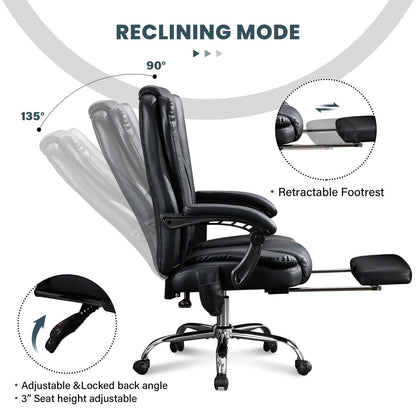 Thctvous Luxury Leather Executive Office Chair with Foot Rest, Reclining Massage Office Chair with Heat/Adjustable Backrest/Rolling Wheels/Soft Cushion, Heavy Duty, 400 Lbs Capacity (Leather, Black)