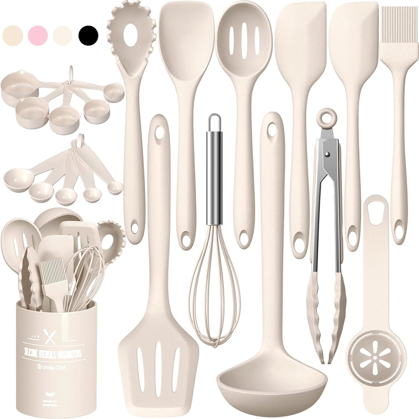 Silicone Kitchen Cooking Utensils Set - Umite Chef 22Pcs Heat Resistant Tools for Nonstick Cookware (Khaki).