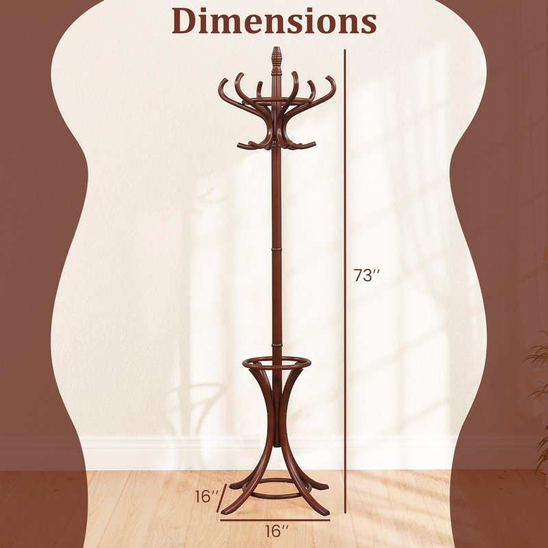 Tangkula Coat Rack with Umbrella Holder, 73 Inch Freestanding Coat Hanger Stand with 12 Hooks, Wooden Entryway Coat Tree for Clothes, Bags, Hats, Scarves, Living Room, Bedroom, Hallway (Reddish Brown)