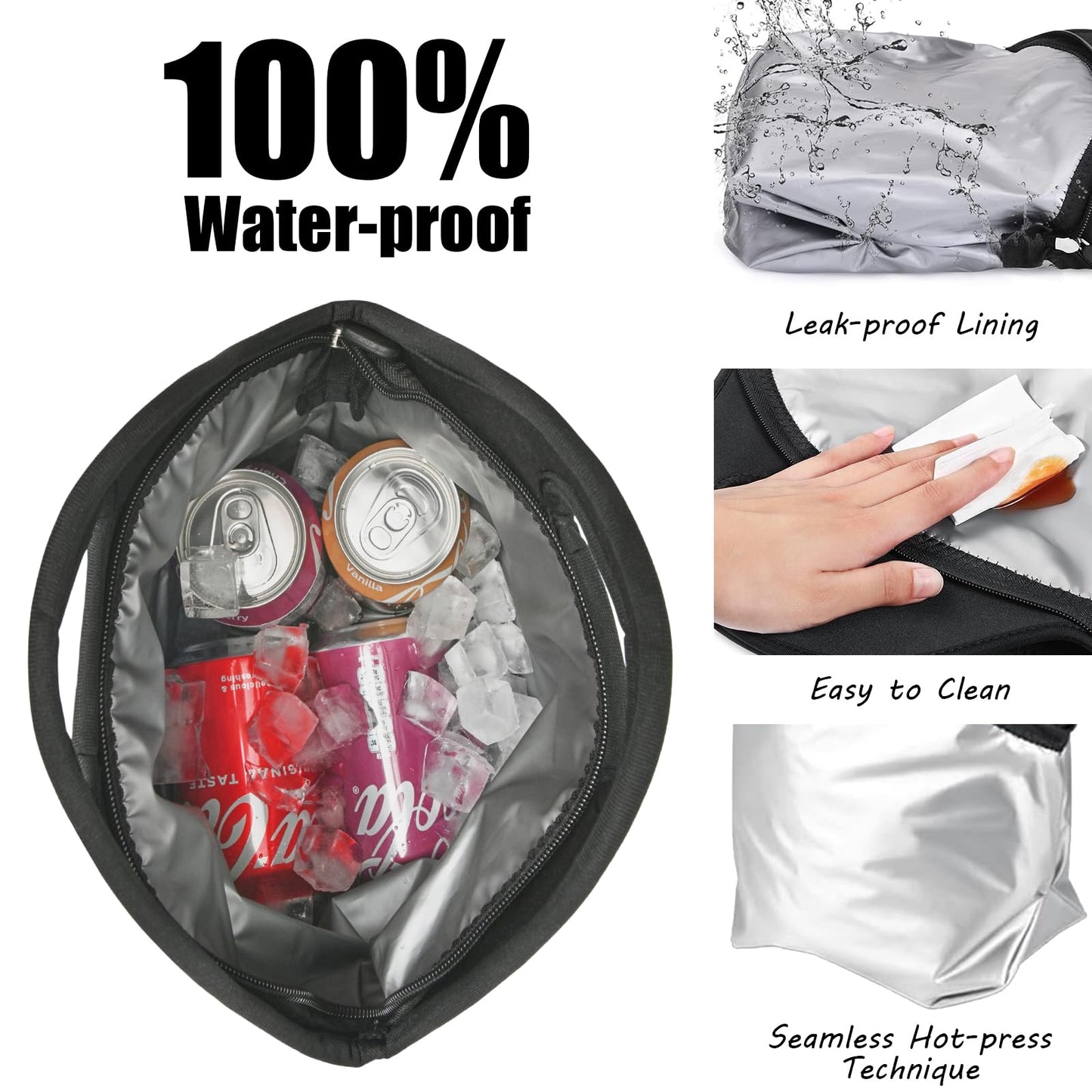 yookee home Waterproof Lunch Bag Double Layer Leakproof Neoprene Insulated Lunch Bag Freezable Black Reusable Thermal Lunch Cooler Tote Lunch Box for Boys Men Women Adult Kids for Work Outdoor