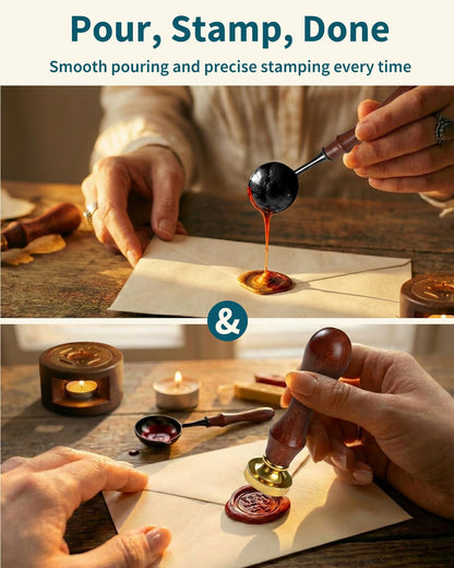 Wax Seal Stamp Kit for Beginners: Wax Sealing Tool Set 3 Brass Stamp Heads with Unique Patterns, 200 Beads, 5 Envelopes & Instructions for Wedding Invitations, DIY Letters & Gift Decoration