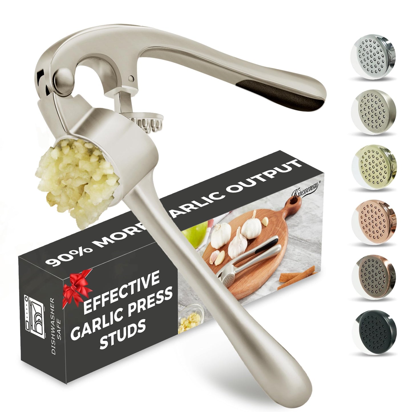 Kitessensu High Effective Garlic Press With Studs, Heavy Duty Garlic Mincer, Easy to Squeeze and Clean, Rust Proof, Ginger Crusher- Imperial Silver