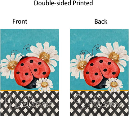 Welcome Ladybug Daisy Flowers Garden Flag - Vertical Double-Sided 12.5x18 Inch Watercolor Painting for Spring