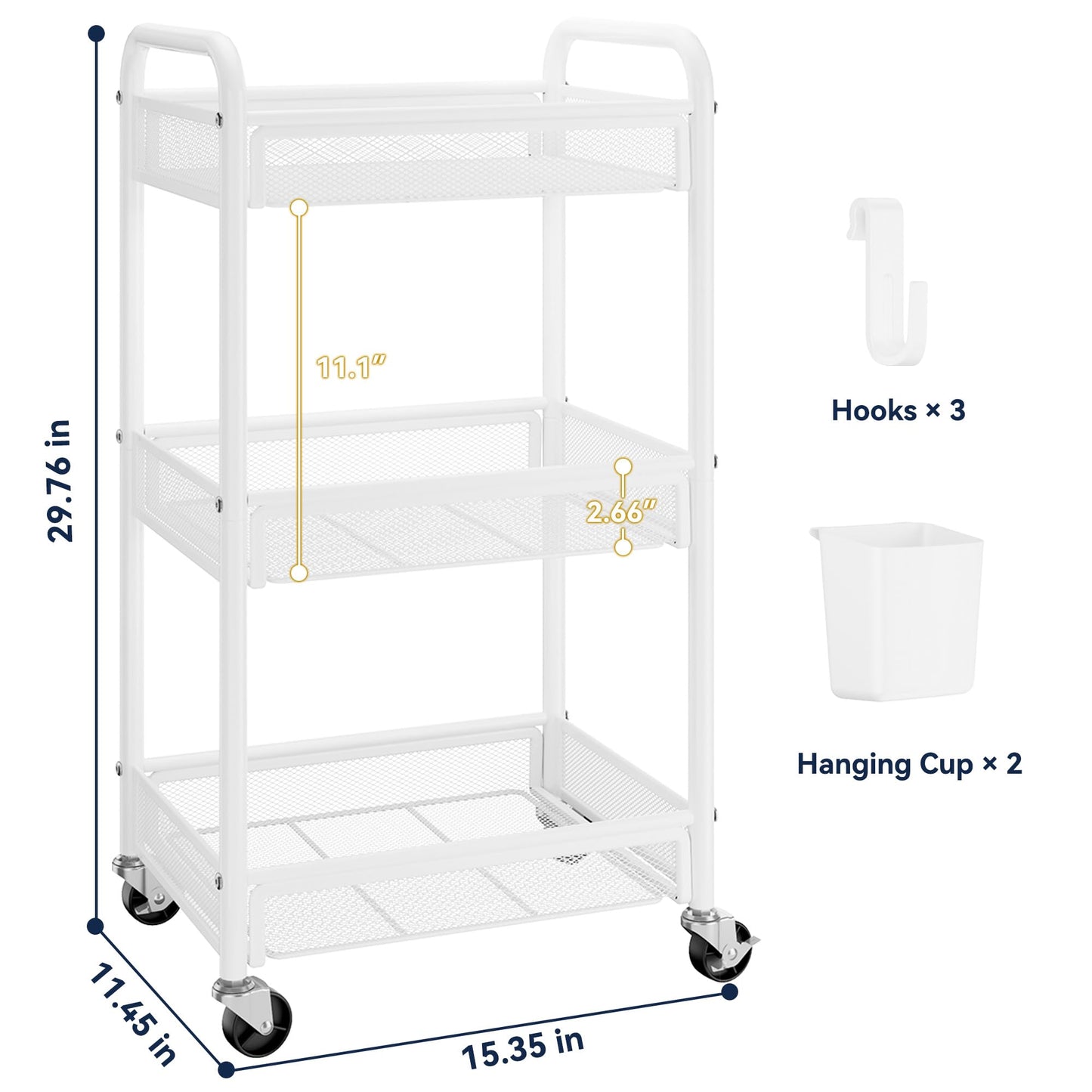 YASONIC 3 Tier Rolling Cart – Metal Utility Storage Carts with Wheels, Craft Carts Organizer with Hanging Cups, Hooks, Mesh Basket for Bedside Kitchen Office Art, White
