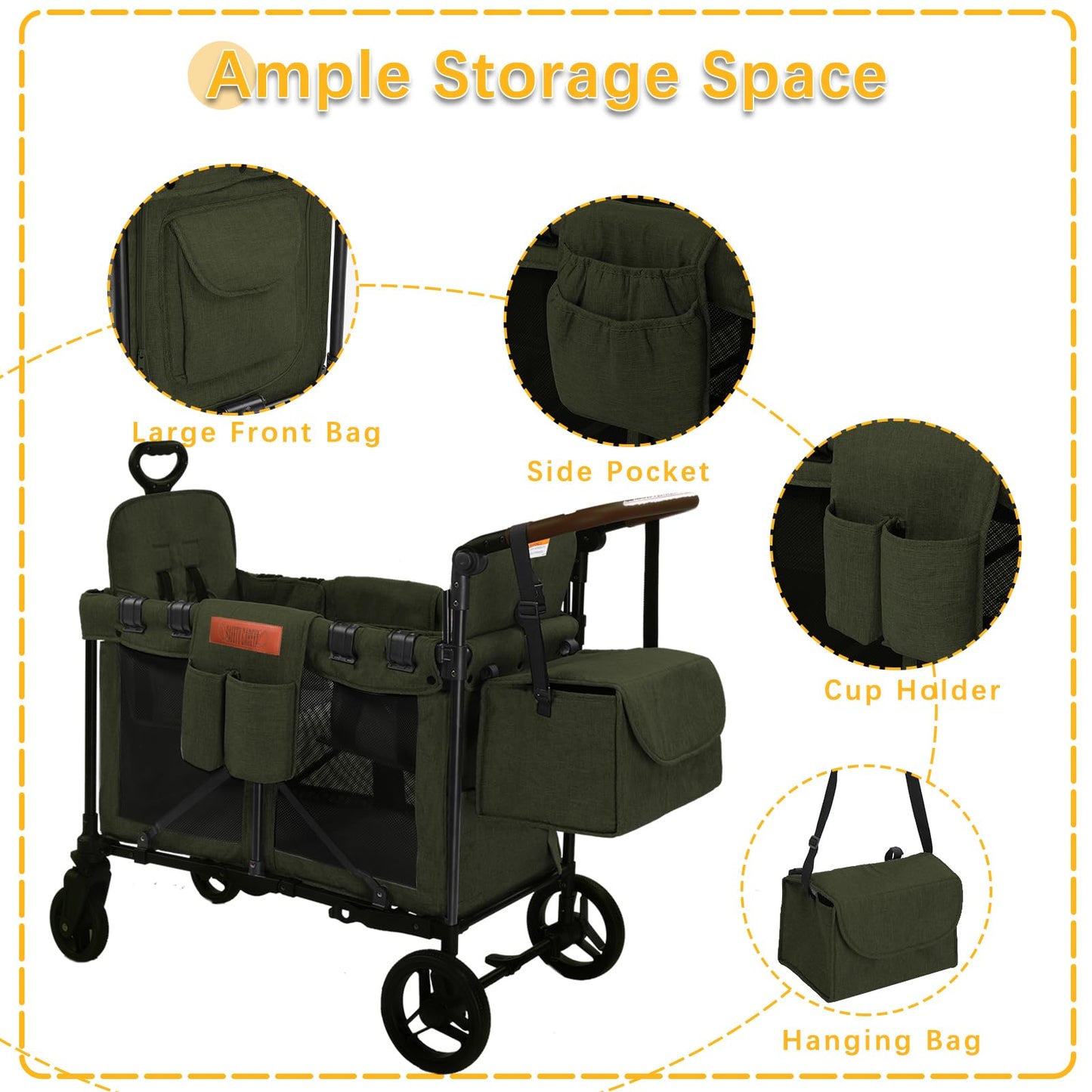 Wagon Stroller for 2 Kids, Foldable All-Terrain Wagon for Kids with Canopy, Adjustable Push and Pull Handles,Convertible High Seat & Organizer, 5 Point Harness