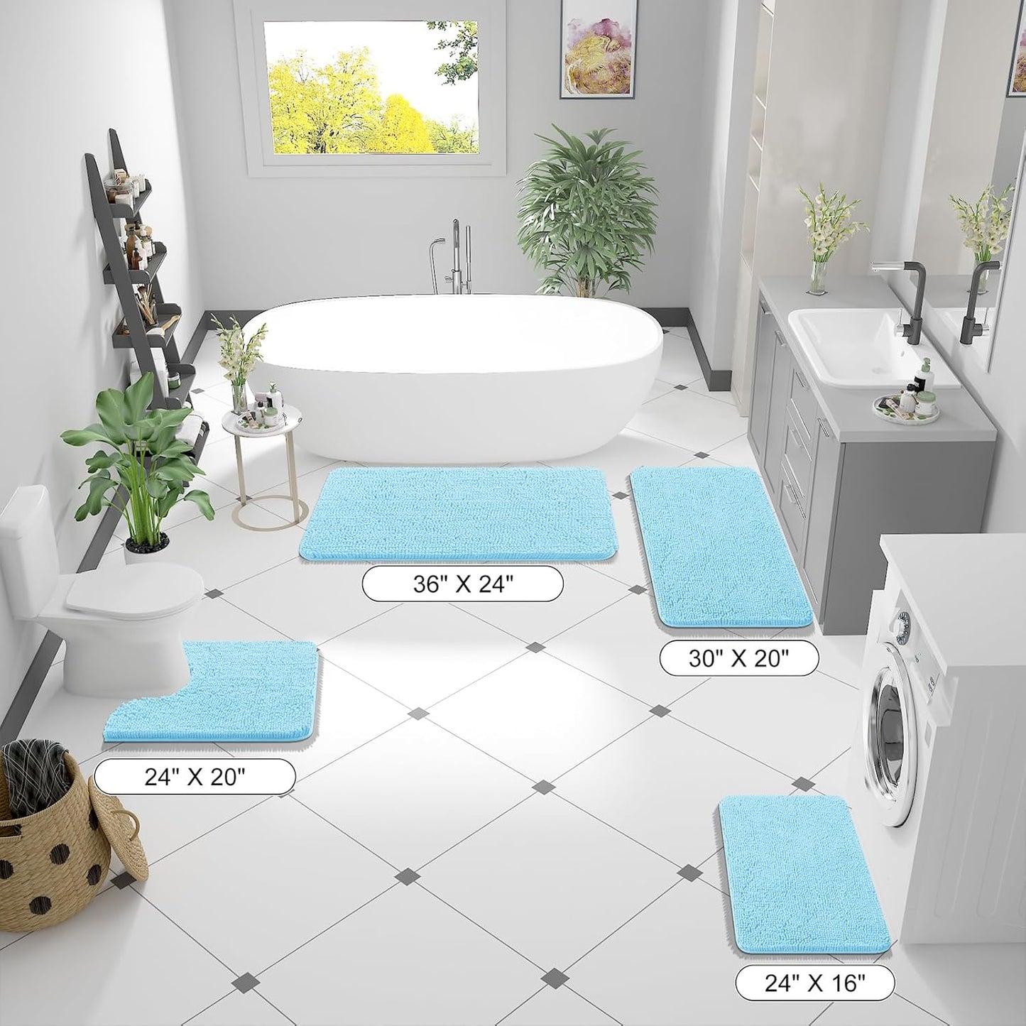 OLANLY Bathroom Runner Rugs - Soft Absorbent Chenille with Rubber Backing | Quick Dry, 47x17, Sky Blue