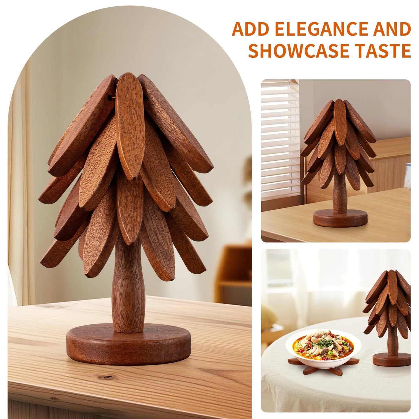 Vertdens Wooden Trivets for Hot Dishes, Hot Dish Coaster with Tree-Shaped Wood Collapsible Hot Pad Trivet Tree for Restaurant, 4 Wooden Trivet + 1 Stand（Walnut Wood）