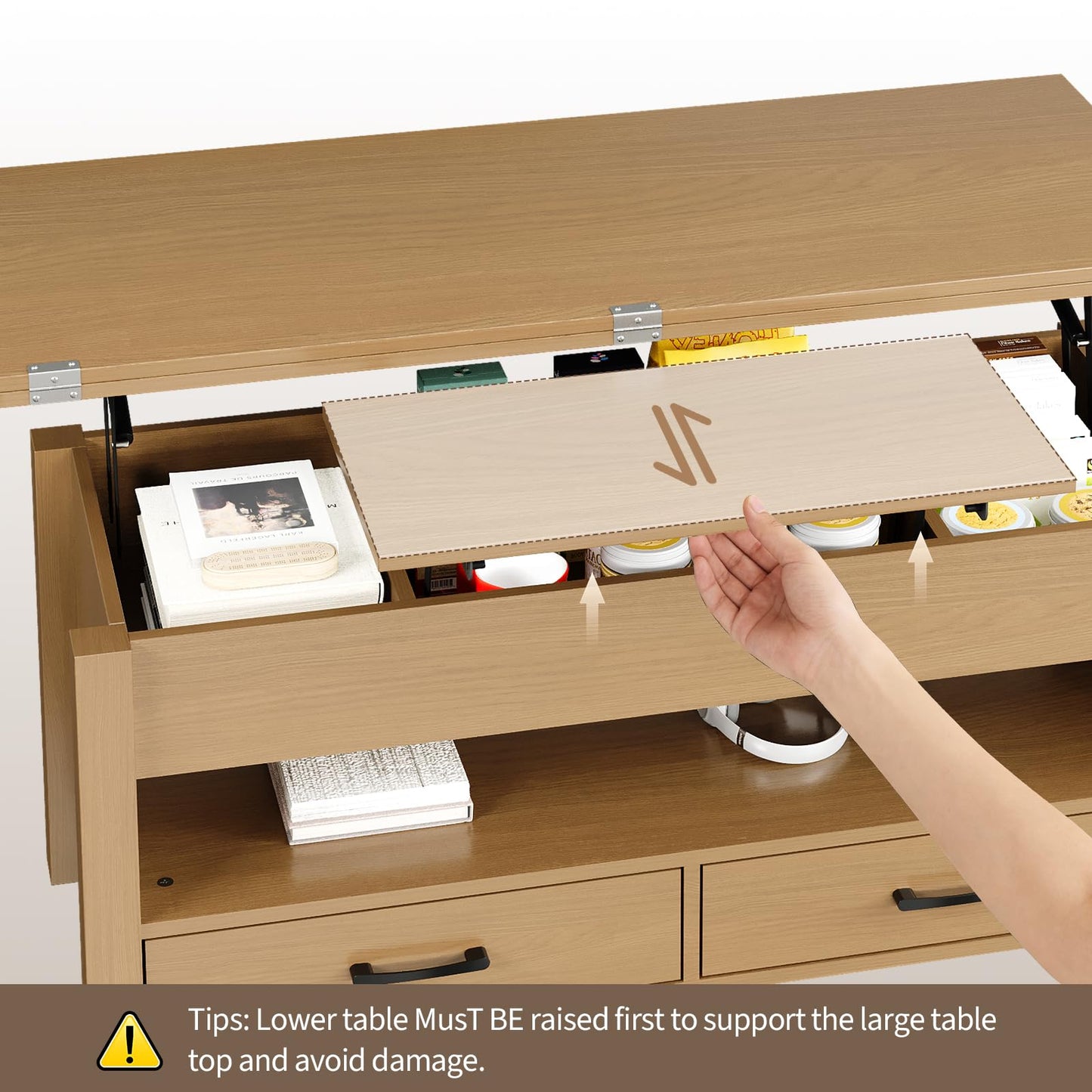 Garvee 40" Coffee Table Lift Top, Multi-Function Convertible Coffee Table with Drawers and Hidden Compartment, Converts to Dining Table for Living Room, Raw Wood