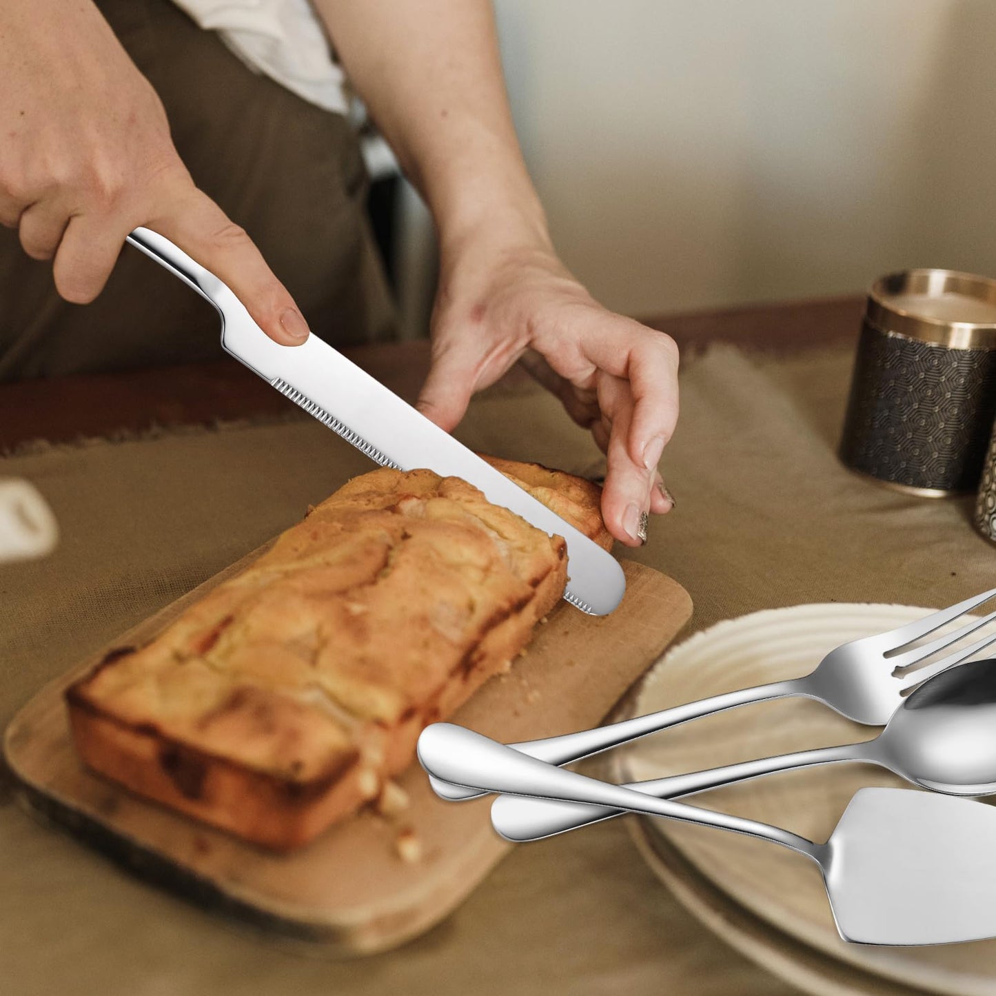 A · HOUSEWARE Serving Utensils 7 Pieces Stainless Steel Flatware include Cake Knife Server Large Spoon Spatula Big Fork Pefect For Festival Parties Buffet Catering Silverware