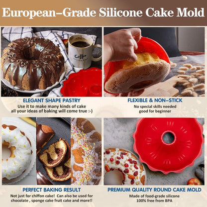 European Grade Silicone Cake Mold, Non-Stick 9 Inch Fluted Tube Cake Pan for Baking Cake, Jello, Bread