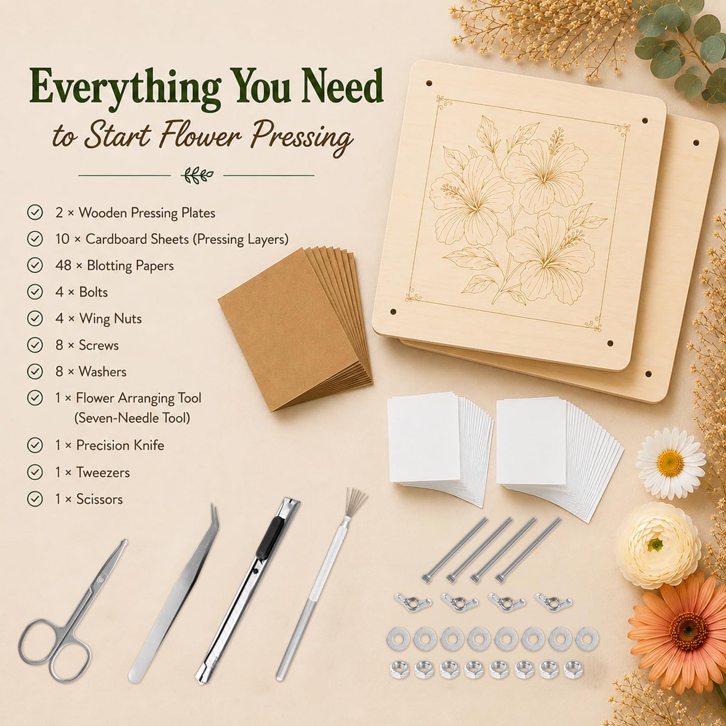 MeRGBWLife Flower Press - 11"x11" Wooden 10 Layer Flower Press Kit for Crafts Pressed Flowers & Plant Press, Scrapbooking, Bookmark Making, Wedding Bouquet Preservation, Dried Flowers