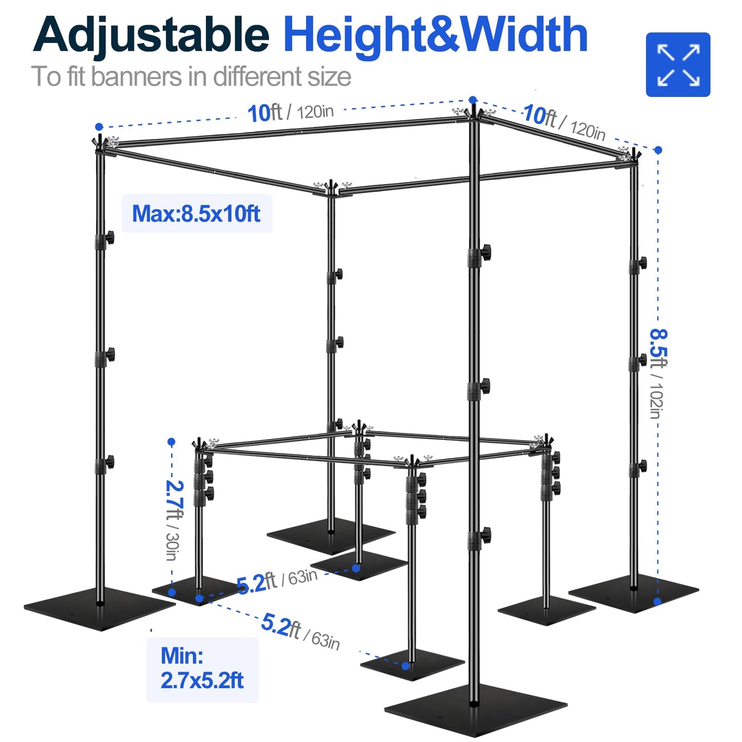 EMART 8.5x10ft Square Backdrop Stand for Wedding, Adjustable Pipe and Drape Background Frame Kit with Heavy Duty Metal Steel Base, Photo Back Drop Holder for Birthday Parties Photography - Black