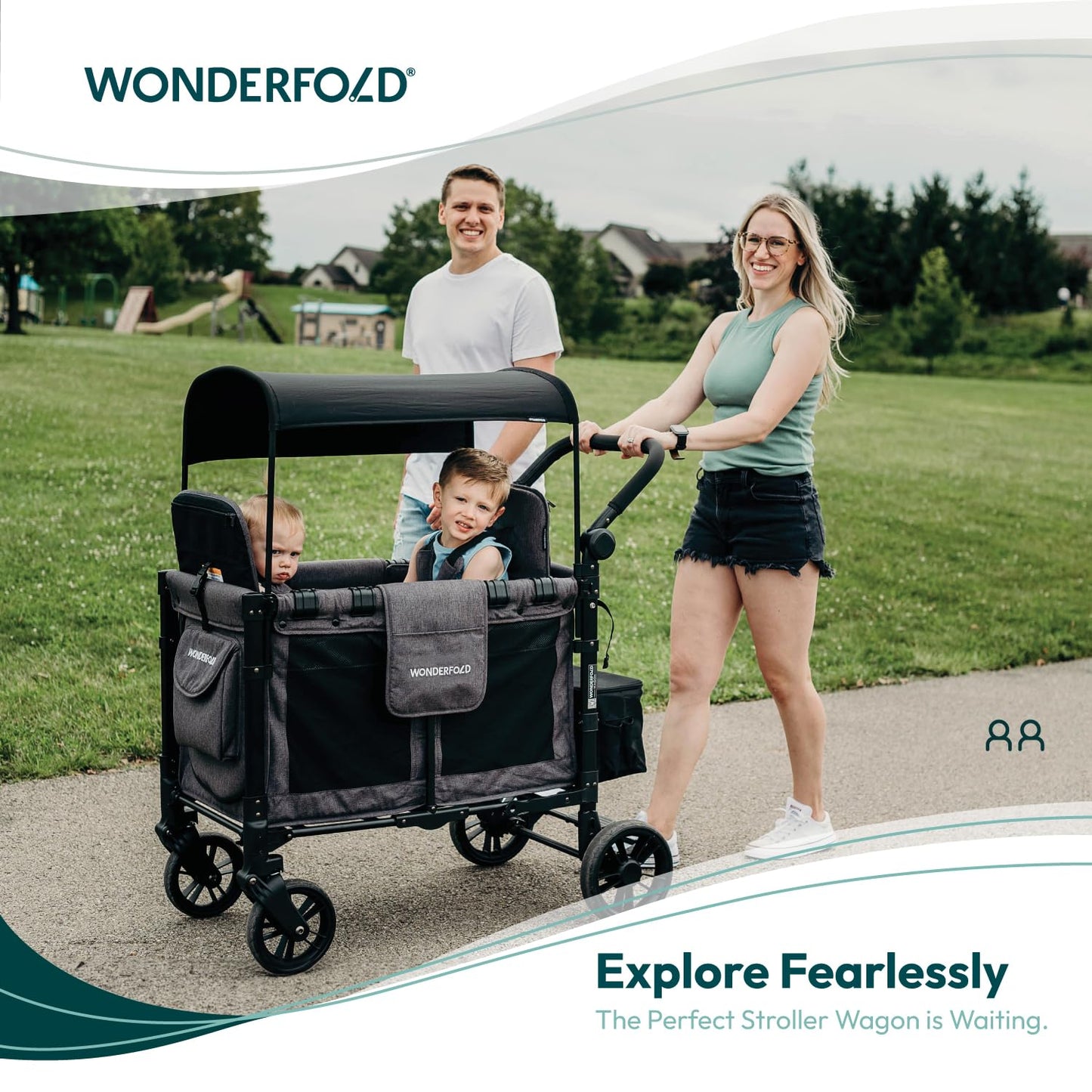 WonderFold W2 Elite Stroller Wagon - Foldable Wagon with Steel Frame - Adjustable Canopy & Push Handle - All-Terrain Wheels - for Babies, Toddlers & Kids - 2 Seater - Jet Black