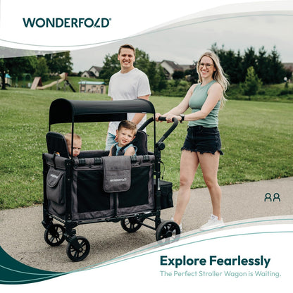WonderFold W2 Elite Stroller Wagon - Foldable Wagon with Steel Frame - Adjustable Canopy & Push Handle - All-Terrain Wheels - for Babies, Toddlers & Kids - 2 Seater - Jet Black