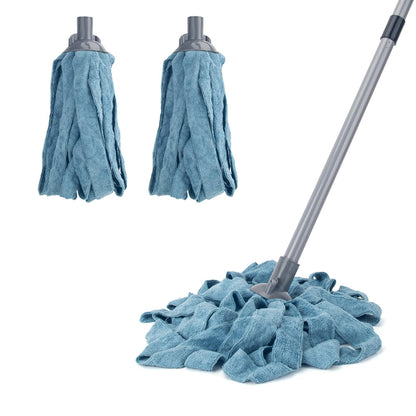 KeFanta Mops for Floor Cleaning,One Mop Handle with 2 Blue Microfiber Cloth Mops Head Replacement,String Wet Mop Refills Compatible with 0.8" Diameter Stick(1 Pole & 2 Heads)